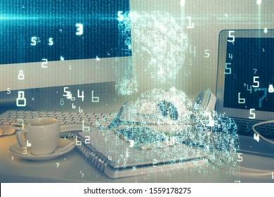 Technology theme drawing and work space with computer. Multi exposure. Concept of innovation.
