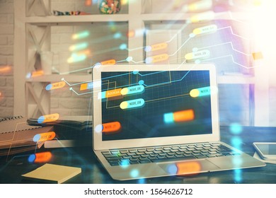 Technology theme drawing and work space with computer. Multi exposure. Concept of innovation.