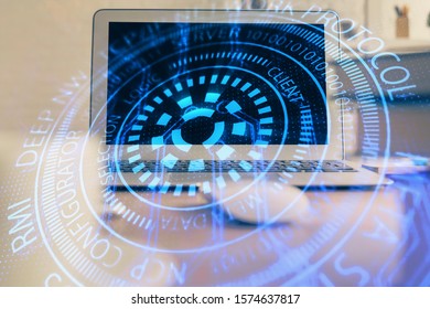 Technology theme drawing and work space with computer. Multi exposure. Concept of innovation.