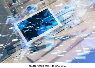 Technology theme drawing and work space with computer. Multi exposure. Concept of innovation.