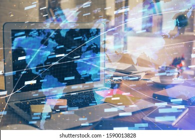 Technology theme drawing and work space with computer. Double exposure. Concept of innovation.