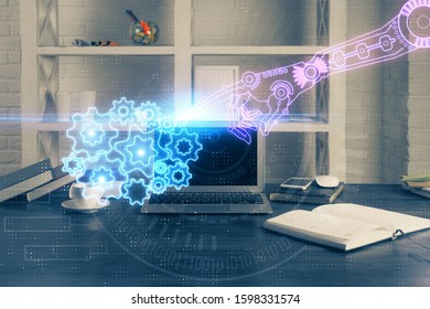 Technology theme drawing and work space with computer. Multi exposure. Concept of innovation.