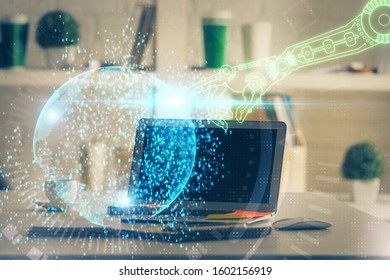 Technology theme drawing and work space with computer. Double exposure. Concept of innovation. - Powered by Shutterstock - Get 15% off with code: PIKWIZARD15