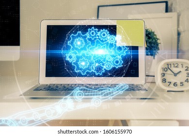 Technology theme drawing and work space with computer. Double exposure. Concept of innovation.