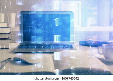Technology theme drawing and work space with computer. Double exposure. Concept of innovation. - Shutterstock ID 1609745542