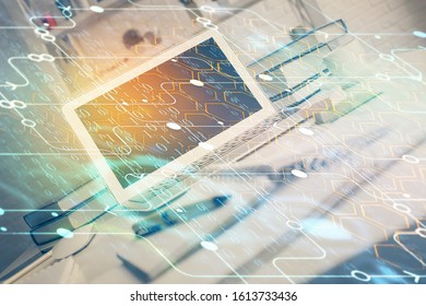 Technology theme drawing and work space with computer. Multi exposure. Concept of innovation.