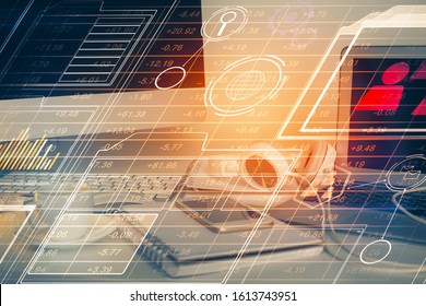 Technology theme drawing and work space with computer. Multi exposure. Concept of innovation.