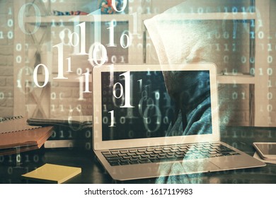 Technology theme drawing and work space with computer. Multi exposure. Concept of innovation.