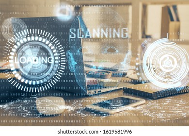 Technology theme drawing and work space with computer. Double exposure. Concept of innovation.