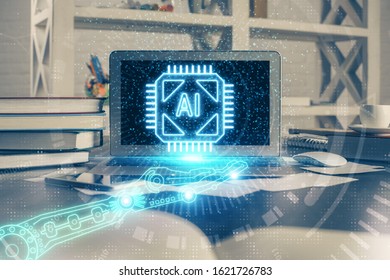 Technology theme drawing and work space with computer. Double exposure. Concept of innovation.