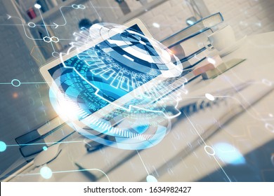 Technology theme drawing and work space with computer. Multi exposure. Concept of innovation.