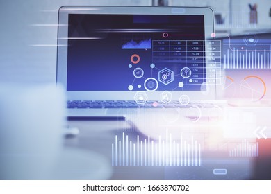 Technology theme drawing and work space with computer. Multi exposure. Concept of innovation. - Shutterstock ID 1663870702