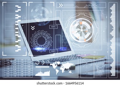 Technology theme drawing and work space with computer. Multi exposure. Concept of innovation.