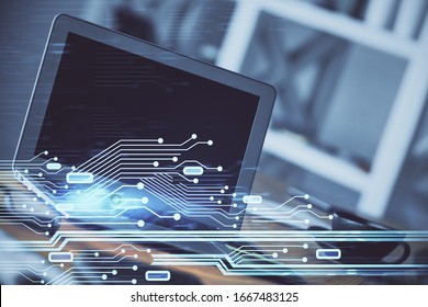 Technology theme drawing and work space with computer. Double exposure. Concept of innovation.