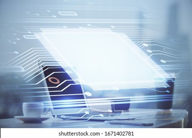 Technology theme drawing and work space with computer. Double exposure. Concept of innovation.