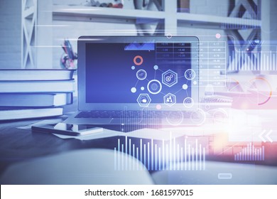 Technology theme drawing and work space with computer. Double exposure. Concept of innovation.