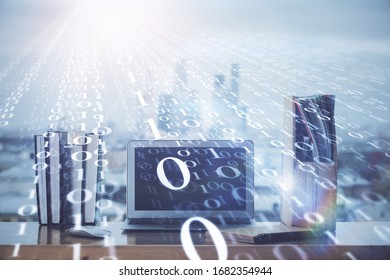 Technology theme drawing and work space with computer. Multi exposure. Concept of innovation.