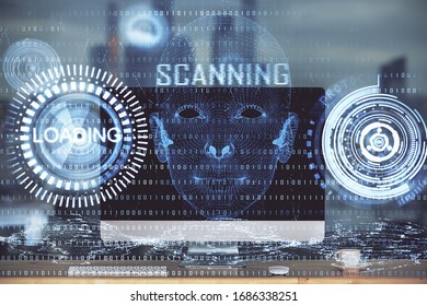 Technology theme drawing and work space with computer. Multi exposure. Concept of innovation.