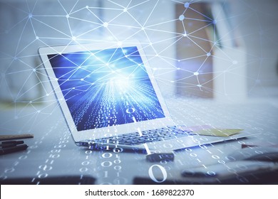 Technology theme drawing and work space with computer. Multi exposure. Concept of innovation.