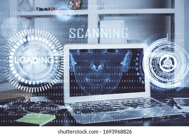 Technology theme drawing and work space with computer. Multi exposure. Concept of innovation.