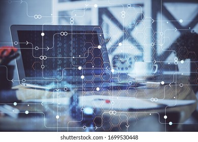 Technology theme drawing and work space with computer. Double exposure. Concept of innovation.