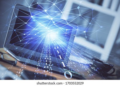 Technology theme drawing and work space with computer. Double exposure. Concept of innovation.