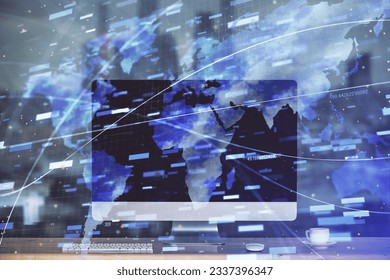 Technology theme drawing and work space with computer. Multi exposure. Concept of innovation.