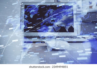 Technology theme drawing and work space with computer. Multi exposure. Concept of innovation.