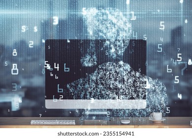 Technology theme drawing and work space with computer. Multi exposure. Concept of innovation.
