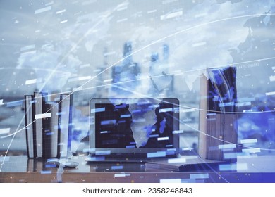 Technology theme drawing and work space with computer. Multi exposure. Concept of innovation.