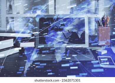 Technology theme drawing and work space with computer. Multi exposure. Concept of innovation.
