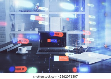 Technology theme drawing and work space with computer. Multi exposure. Concept of innovation.