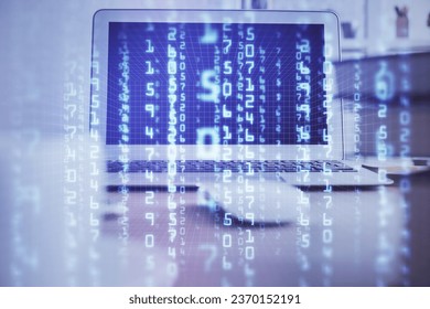 Technology theme drawing and work space with computer. Multi exposure. Concept of innovation.