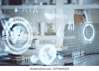 Technology theme drawing and work space with computer. Multi exposure. Concept of innovation.