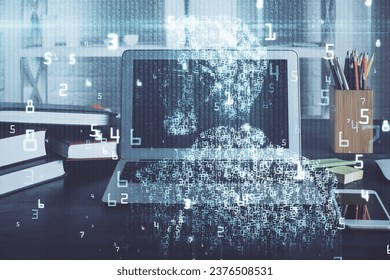 Technology theme drawing and work space with computer. Multi exposure. Concept of innovation.