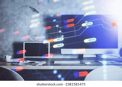 Technology theme drawing and work space with computer. Multi exposure. Concept of innovation.