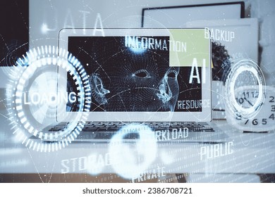 Technology theme drawing and work space with computer. Double exposure. Concept of innovation.