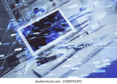 Technology theme drawing and work space with computer. Multi exposure. Concept of innovation.