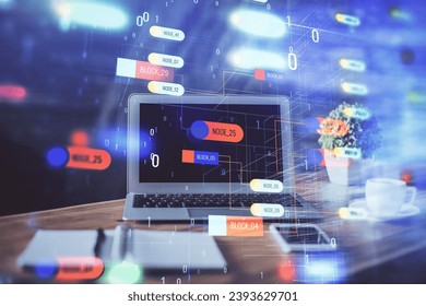 Technology theme drawing and work space with computer. Double exposure. Concept of innovation.