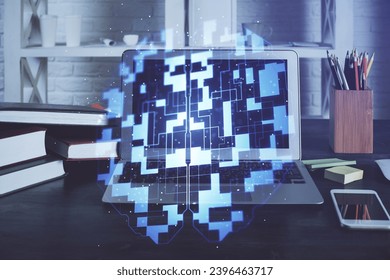 Technology theme drawing and work space with computer. Multi exposure. Concept of innovation.