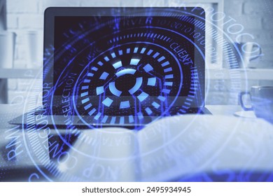 Technology theme drawing and work space with computer. Double exposure. Concept of innovation.