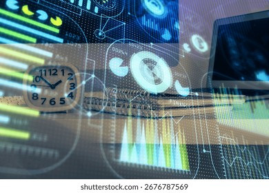 Technology theme drawing and work space with computer. Multi exposure. Concept of innovation.