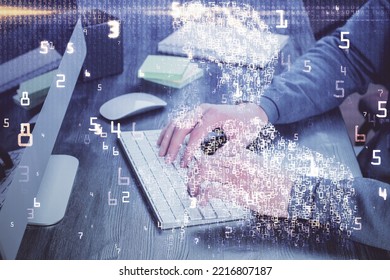 Technology Theme Hologram With Man Working On Computer On Background. High Tech Concept. Multi Exposure.