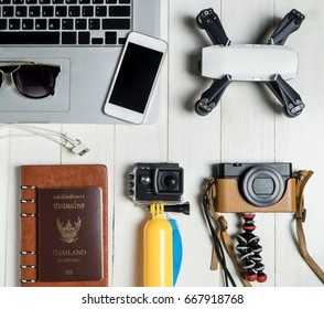 Technology Travel Blogger Hi Tech Gadget And Accessories For Video And Photography Including Camera Action Cam Drone Laptop And Mobile Phone. For Modern Travel Vacation Tech Gadget Equipment Concept.