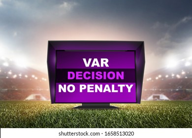 technology var decision no penalty.The video assistant referee scene a match official in football stadium. 