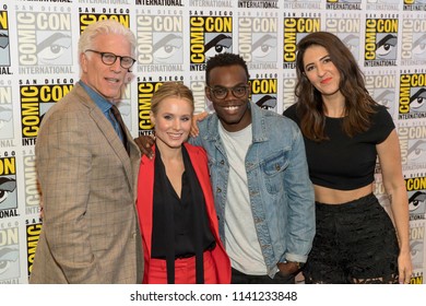 Ted Danson, Kristen Bell, William Jackson Harper, D'Arcy Carden attends Comic-Con International San Diego 2018 NBC's "The Good Place" Press Room, San Diego, California on July 21, 2018