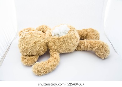 Teddy Bear Alone In White Room,Sad,Damaged,abandon