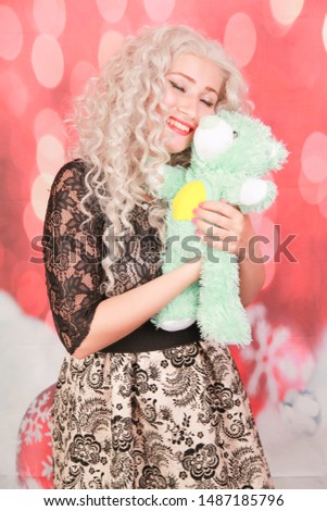 Similar – Image, Stock Photo cute girl near pink wall holding toy