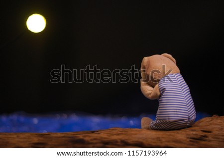 Teddy bear crying and sitting alone on a timber facing to the blue sea and moon in the sadness night.