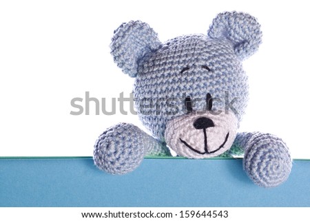 teddy bear with empty blue label sign